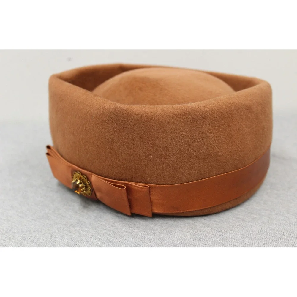 Vintage A Dianne Style Hat Women Brown Pillbox Wool Felt Jewel Bow Mid Century